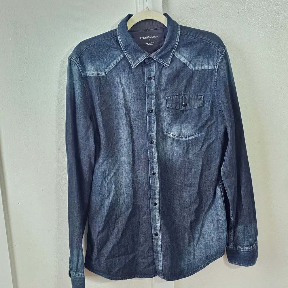 Calvin Klein Jeans Mens M Denim Shirt Acid Wash Western Snap Y2K Grunge
